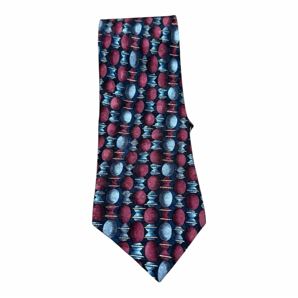 Zenio Men's Burgundy and Blue Patterned Silk Tie 3.5”
